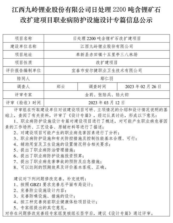 江西九嶺鋰業(yè)股份有限公司日處理2200噸含鋰礦石改擴(kuò)建項目職業(yè)病防護(hù)設(shè)施設(shè)計專篇信息公示.jpg